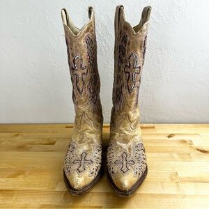 Corral Wing and Cross Pink Sequin Inlay Tan Pointed Toe Cowboy Boots Size 11